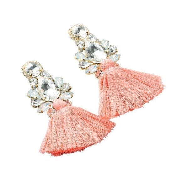 2/$24 Crystal & Coral Pink Tassel Drop Earrings Statement Jewelry - Picture 3 of 9